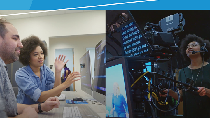 collage of photos from Denver Community Media, with people editing at a computer and filming behind a camera