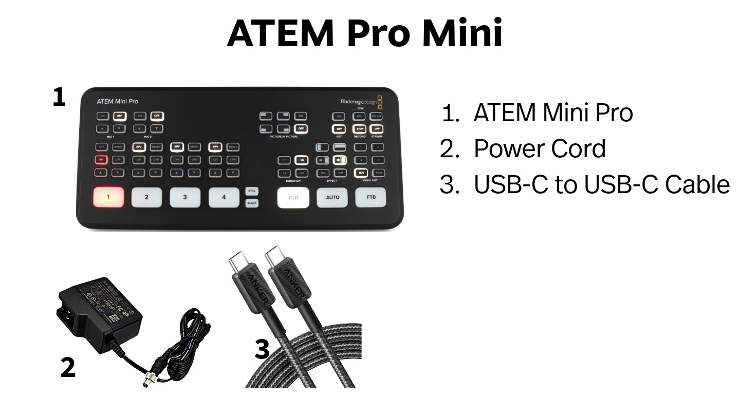 ATEM Mini Pro, Power Cord, USB-C to USB-C Cable with photos of each