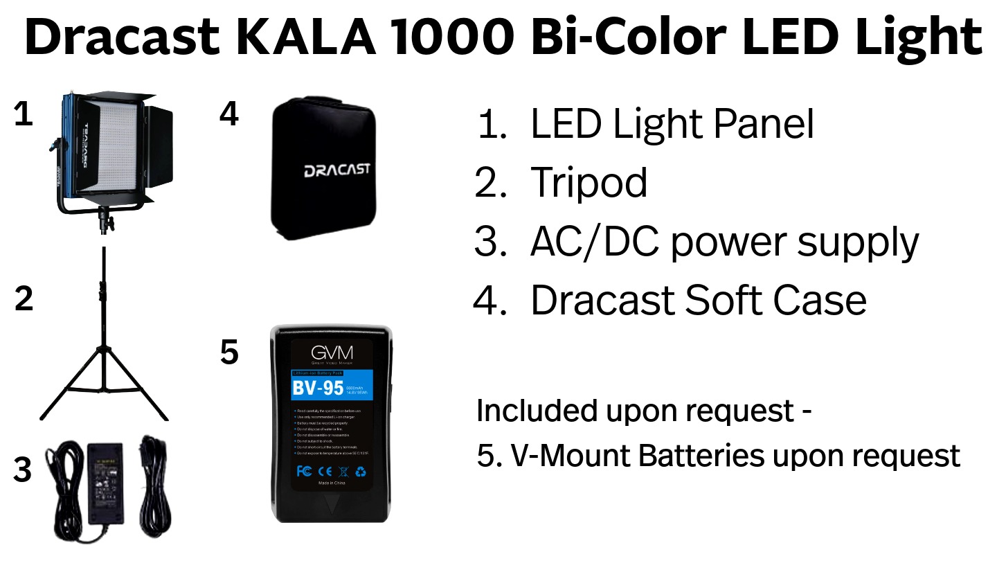 Dracast KALA 1000 Bi-Color LED Light, Tripod, AC/DC power supply, dracast soft case, V-Mount Battery with photos of all