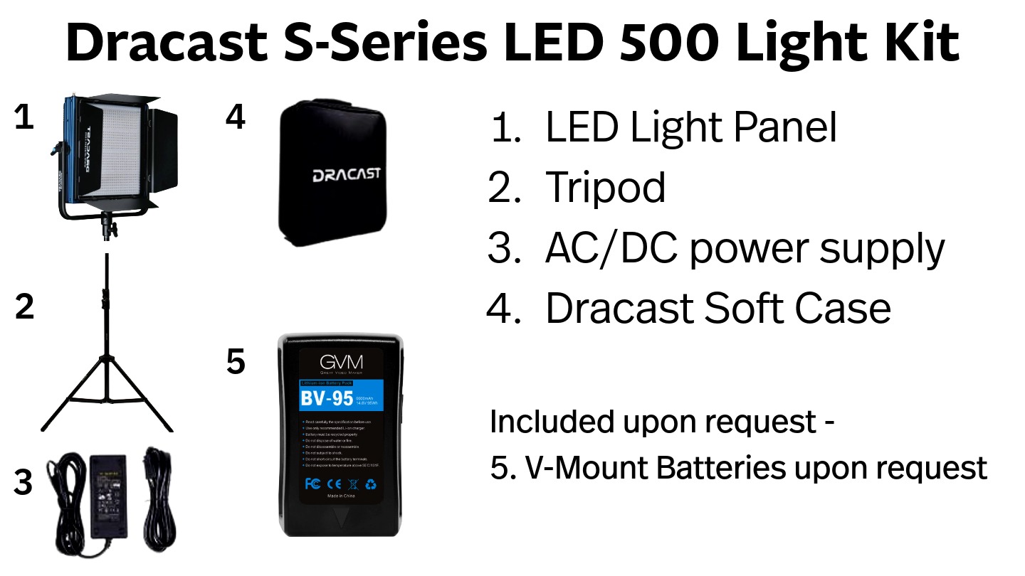 Dracast S-Series LED Light, Tripod, AC/DC power supply, dracast soft case, V-Mount battery with photos of all