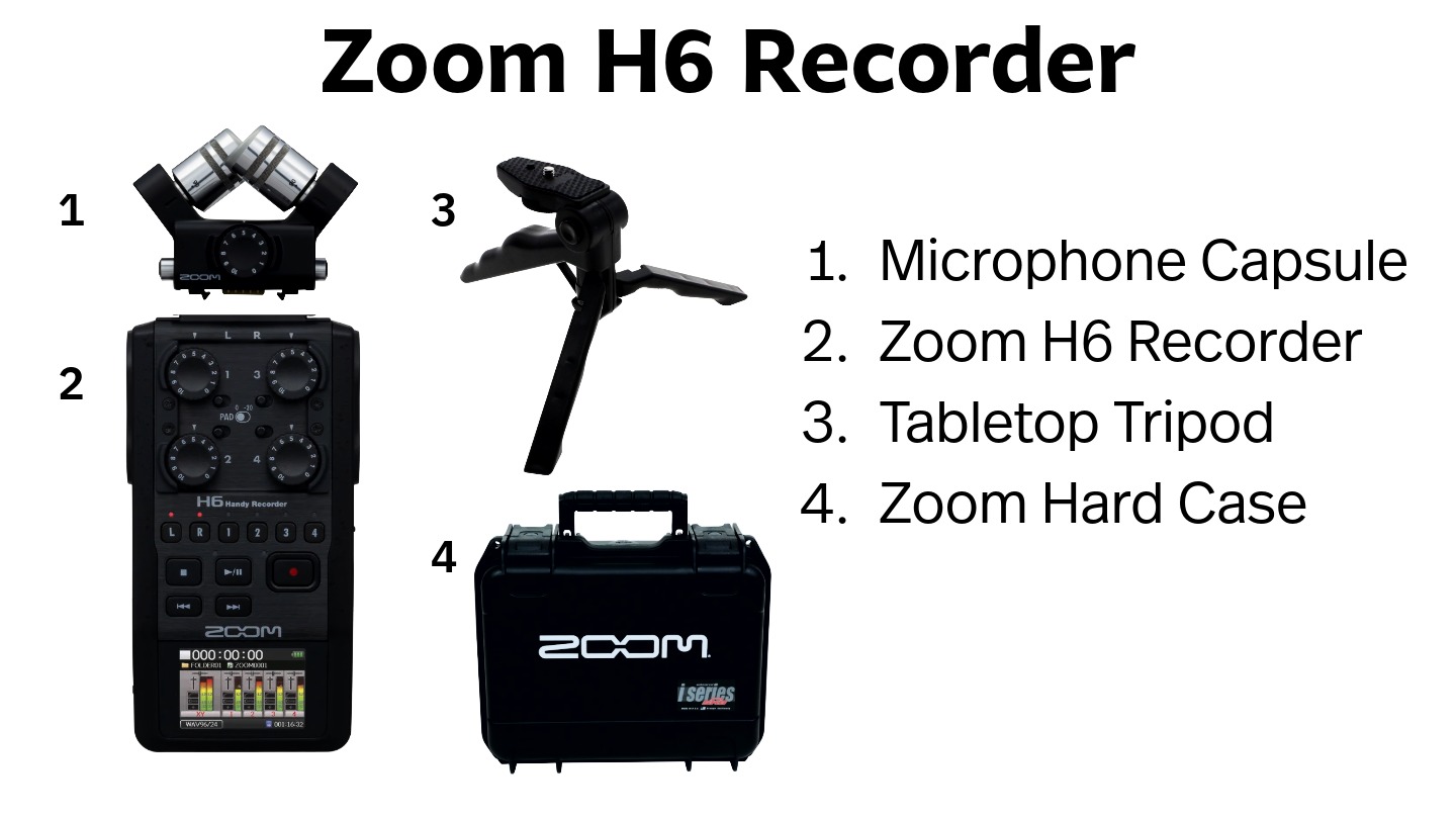 Zoom H6 Recorder, microphone capsule, table top tripod, zoom hard care with photos of each